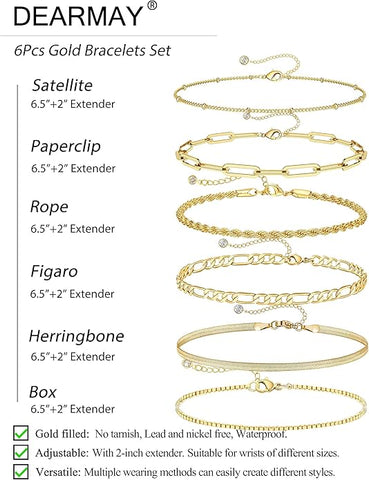 14K Gold Bracelets for Women – Waterproof Dainty Stackable Bracelet Set, Thin Paperclip & Cuban Link Chains, Trendy Gold Plated Jewelry Gifts