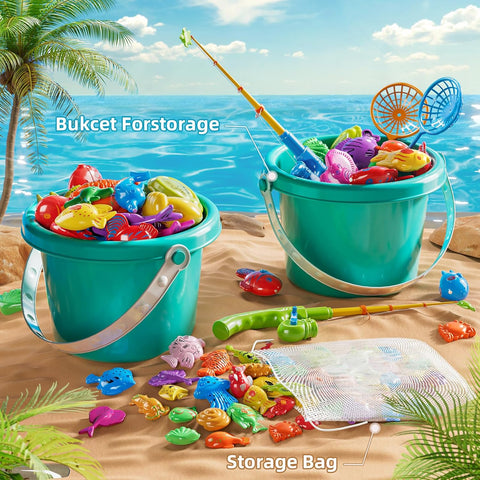 Magnetic Fishing Game Toy Set for Kids Floating Fish, Rods, and Net for Pool, Bathtub, or Water Table
