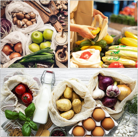 Reusable Cotton Mesh Produce Bags – 6 Pack (2S/2M/2L) Washable Grocery Bags, See-Through Drawstring Net Bags for Fruits, Vegetables & Bulk Shopping