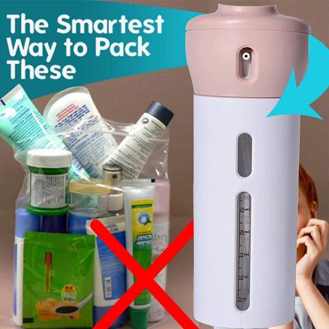 4-in-1 Smart Travel Bottles Set, Includes 4 Empty Reusable 40-ml Cosmetic Toiletry Containers for Shampoo, Soap, Lotions, Skincare, Makeup Products, Sanitizer