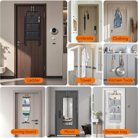 Over The Door Hooks - 2 Pack Heavy Duty Dual-Hook Organizer Hanger with Non-Slip Rubber for Towels, Clothes, Hats & Bags Use in Bathroom, Bedroom, Kitchen - Fits Interior Doors Up to 1 3/8" Grey