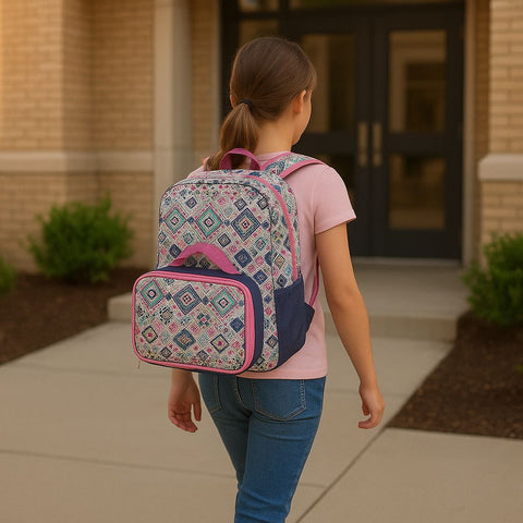 Tribal Bloom 16” Backpack & Lunchbag Set – Pink & Navy Aztec-Inspired School Combo