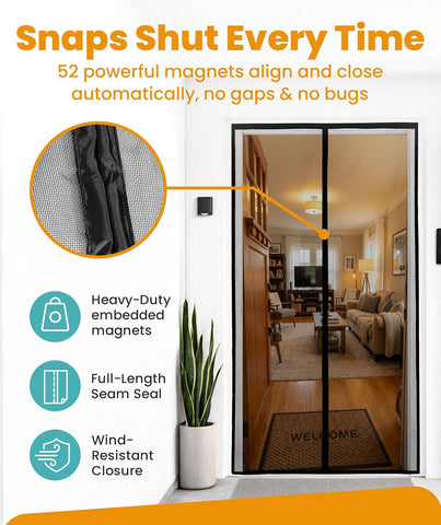 Magnetic Screen Door - Bugs Out, Breeze in EZInstall Auto-Sealing Heavy Duty Double Stitched Mesh