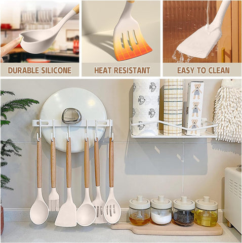 33 pcs Non-Stick Silicone Cooking Kitchen Utensils Spatula Set with Holder, Wooden Handle Silicone Kitchen Gadgets Utensil Set (Khaki)