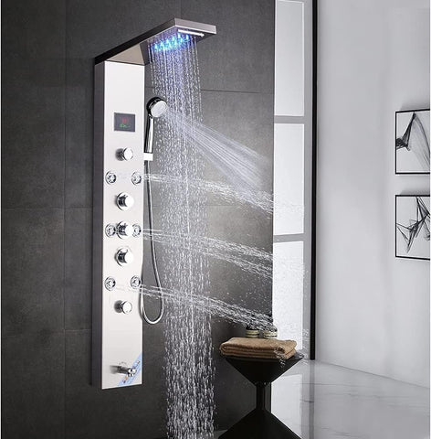 Contemporary Shower Panel Tower System Stainless Steel 6 Function Faucet LED Waterfall Shower Handheld Sprayer wtih Body Jets and Tub Spout