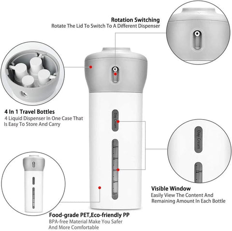 4-in-1 Smart Travel Bottles Set, Includes 4 Empty Reusable 40-ml Cosmetic Toiletry Containers for Shampoo, Soap, Lotions, Skincare, Makeup Products, Sanitizer