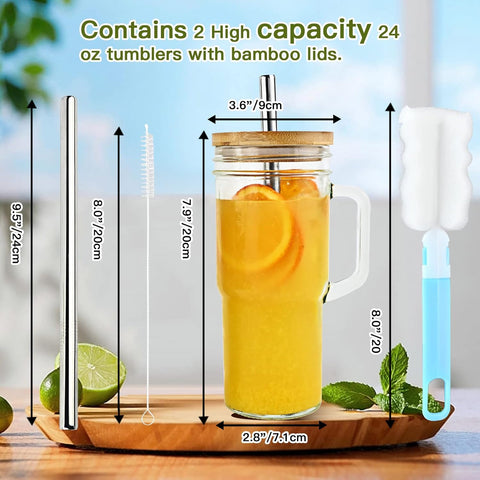 Set of 2 Glass Cups with Bamboo Lids and Straws 24oz Tumbler With Handle