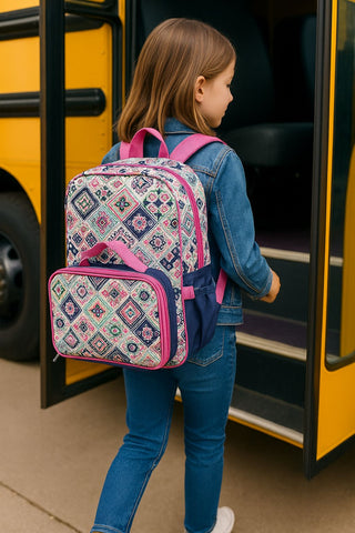 Tribal Bloom 16” Backpack & Lunchbag Set – Pink & Navy Aztec-Inspired School Combo