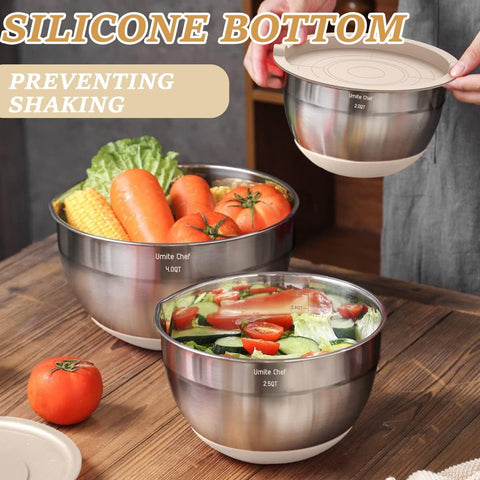 26-Piece Stainless Steel Mixing Bowl Set with Airtight Lids, Grater Attachments, and Non-Slip Bottoms – Sizes 7, 4, 2.5, 2.0, 1.5, 1 QT – Perfect for Mixing and Serving