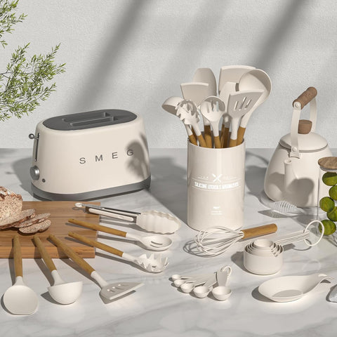 33 pcs Non-Stick Silicone Cooking Kitchen Utensils Spatula Set with Holder, Wooden Handle Silicone Kitchen Gadgets Utensil Set (Khaki)
