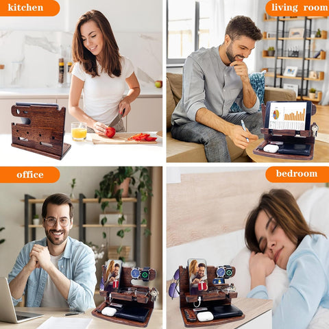 Gifts for Men Dad Women Husband Boyfriend Him Nightstand Organizer for Men Wood Phone Docking Station Birthday Gifts (Black)