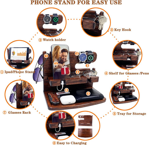 Gifts for Men Dad Women Husband Boyfriend Him Nightstand Organizer for Men Wood Phone Docking Station Birthday Gifts (Black)