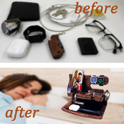 Gifts for Men Dad Women Husband Boyfriend Him Nightstand Organizer for Men Wood Phone Docking Station Birthday Gifts (Black)