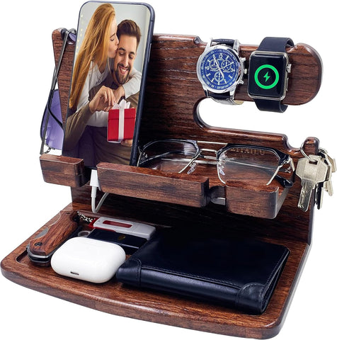 Gifts for Men Dad Women Husband Boyfriend Him Nightstand Organizer for Men Wood Phone Docking Station Birthday Gifts (Black)