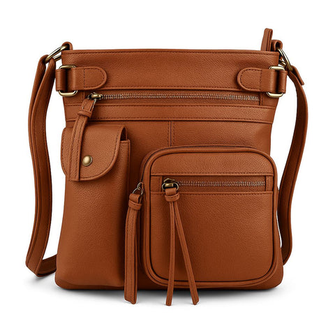 Super Soft Genuine Leather Crossbody Bag with Top Belt Accent – Classic Bronze Hardware