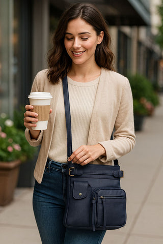Super Soft Genuine Leather Crossbody Bag with Top Belt Accent – Classic Bronze Hardware