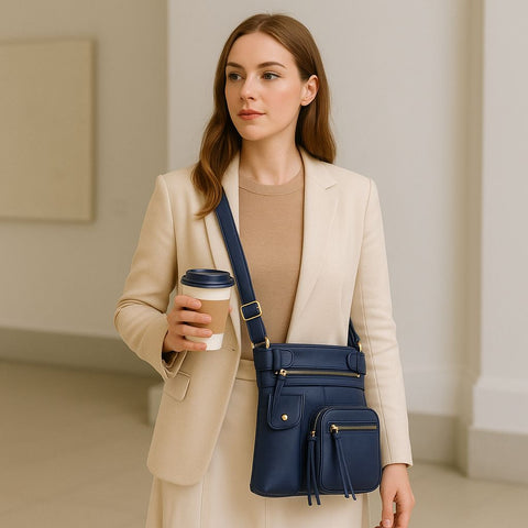 Super Soft Genuine Leather Crossbody Bag with Top Belt Accent – Classic Bronze Hardware