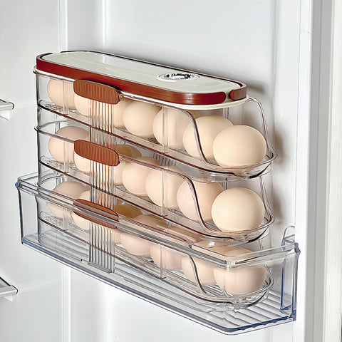 3-Tier Rolling Egg Dispenser for Fridge – Holds Up to 42 Eggs, Space-Saving Automatic Scrolling Organizer