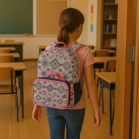 Tribal Bloom 16” Backpack & Lunchbag Set – Pink & Navy Aztec-Inspired School Combo