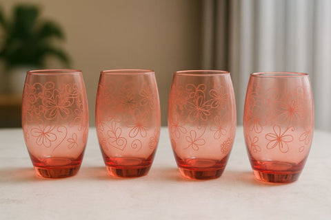 Epure Denali Cooler Glass – 17oz Floral Etched Red Spray (Set of 4)