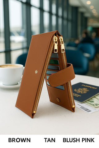 Genuine Leather Folding Snap Wallet – 19 Card Slots with Dual Zipper Pocket and ID Card Slot