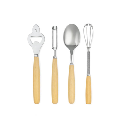 4-Piece Natural Wooden Handle Kitchen Utensil Set – Whisk, Serving Spoon, Peeler & Bottle Opener