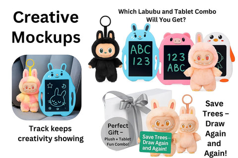 Kids LCD Drawing Tablet with Labubu Design Doll – Random Color Plush + Pig or Robot Style Tablet (Surprise Combo!)