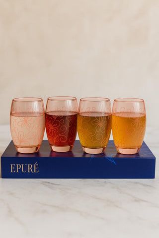 Epure Denali Cooler Glass – 17oz Floral Etched Red Spray (Set of 4)