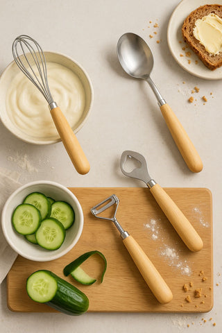 4-Piece Natural Wooden Handle Kitchen Utensil Set – Whisk, Serving Spoon, Peeler & Bottle Opener