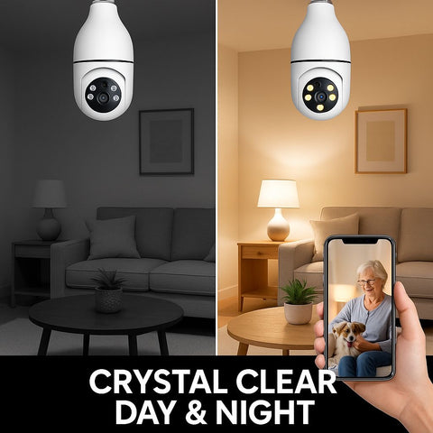 5G WiFi Bulb E27 Security Camera – 1080P HD, Full-Color Night Vision, Motion Detection, Auto Tracking, Two-Way Audio, Indoor Smart Surveillance with 16GB/32GB/64GB Storage