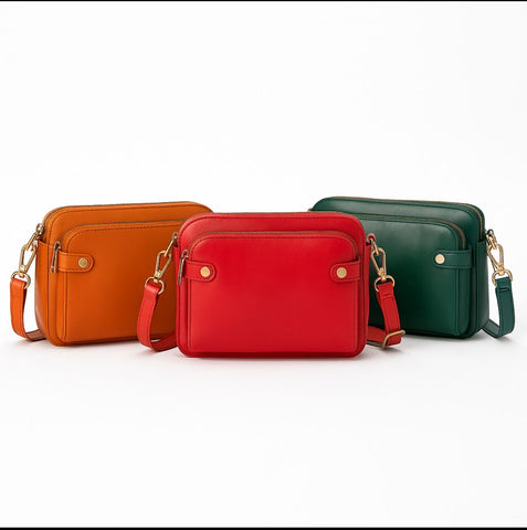 Women’s Triple-Zip Crossbody Bag – Classic PU Leather Shoulder Purse with Adjustable Strap | Lightweight, Multi-Compartment Travel Handbag