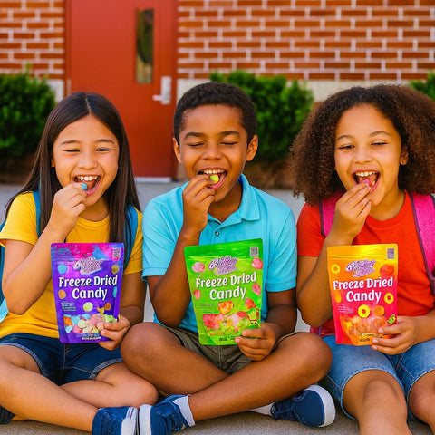 Freeze Dried Candy – 5 Flavor Variety Pack Crunchy Peach Rings, Watermelon, Puffs, Worms & Burger Candy (1.7oz Each) – Sweet, Crunchy Treat for School, Family, Birthdays & Party Favors
