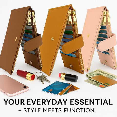 Genuine Leather Folding Snap Wallet – 19 Card Slots with Dual Zipper Pocket and ID Card Slot