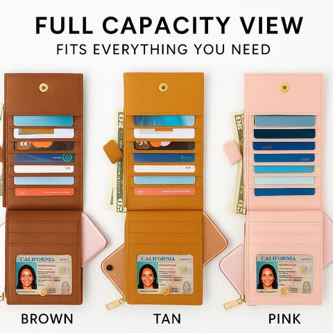 Genuine Leather Folding Snap Wallet – 19 Card Slots with Dual Zipper Pocket and ID Card Slot