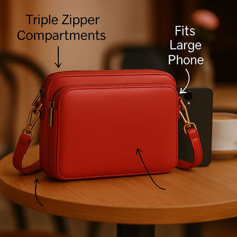 Women’s Triple-Zip Crossbody Bag – Classic PU Leather Shoulder Purse with Adjustable Strap | Lightweight, Multi-Compartment Travel Handbag
