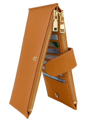 Genuine Leather Folding Snap Wallet – 19 Card Slots with Dual Zipper Pocket and ID Card Slot
