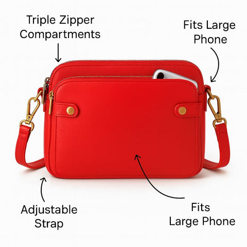 Women’s Triple-Zip Crossbody Bag – Classic PU Leather Shoulder Purse with Adjustable Strap | Lightweight, Multi-Compartment Travel Handbag