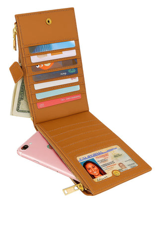 Genuine Leather Folding Snap Wallet – 19 Card Slots with Dual Zipper Pocket and ID Card Slot