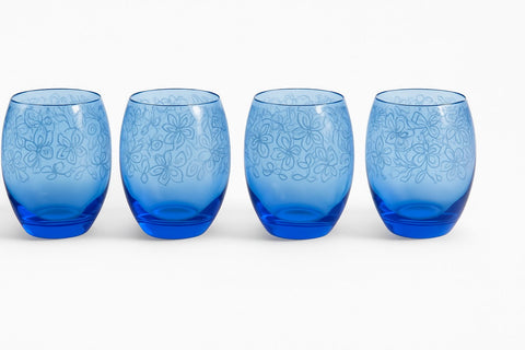 Epure Denali Rocks Glasses – 13.75 oz Blue Spray with Elegant Floral Print Cups– Set of 4