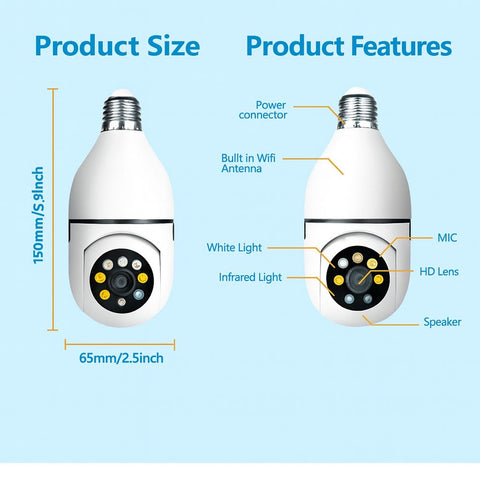 5G WiFi Bulb E27 Security Camera – 1080P HD, Full-Color Night Vision, Motion Detection, Auto Tracking, Two-Way Audio, Indoor Smart Surveillance with 16GB/32GB/64GB Storage
