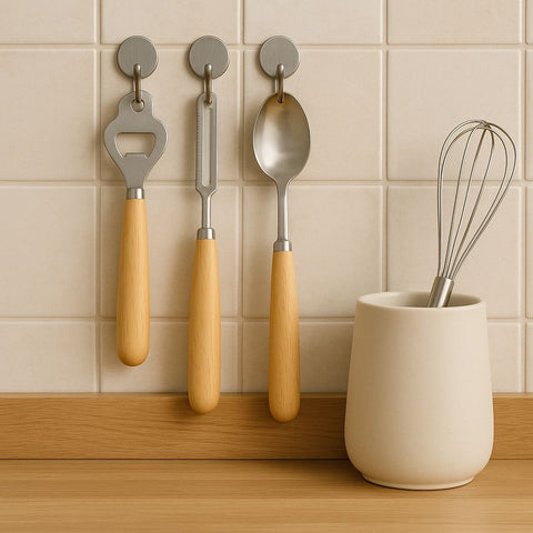 4-Piece Natural Wooden Handle Kitchen Utensil Set – Whisk, Serving Spoon, Peeler & Bottle Opener