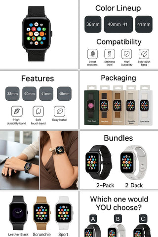 GEN TEK 6-Pack Watch Band Bundle – Mesh, Leather & Scrunchie Collection (42/44/45mm)