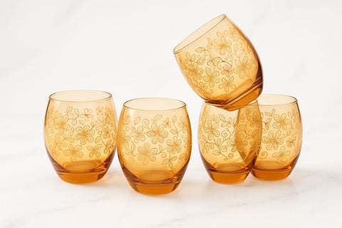 Epure Glassware – Denali Rocks Amber Flower Print Glasses (Set of 4)