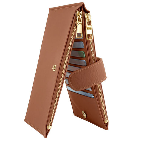 Genuine Leather Folding Snap Wallet – 19 Card Slots with Dual Zipper Pocket and ID Card Slot