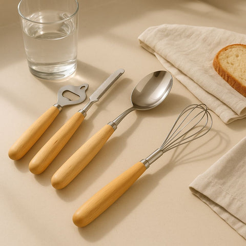 4-Piece Natural Wooden Handle Kitchen Utensil Set – Whisk, Serving Spoon, Peeler & Bottle Opener