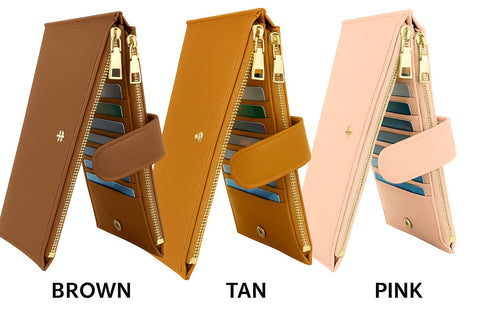 Genuine Leather Folding Snap Wallet – 19 Card Slots with Dual Zipper Pocket and ID Card Slot