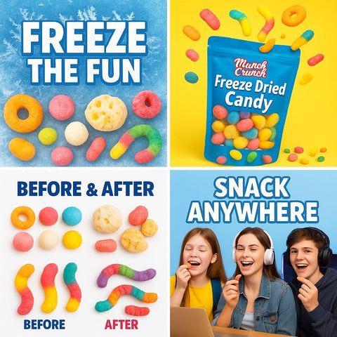 Freeze Dried Candy – 5 Flavor Variety Pack Crunchy Peach Rings, Watermelon, Puffs, Worms & Burger Candy (1.7oz Each) – Sweet, Crunchy Treat for School, Family, Birthdays & Party Favors