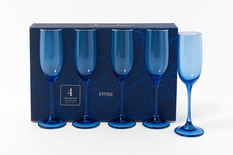 Epure Glassware – Superior Blue 6.5oz Champagne Flutes Glasses Set of 4