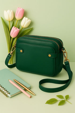 Women’s Triple-Zip Crossbody Bag – Classic PU Leather Shoulder Purse with Adjustable Strap | Lightweight, Multi-Compartment Travel Handbag