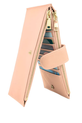 Genuine Leather Folding Snap Wallet – 19 Card Slots with Dual Zipper Pocket and ID Card Slot